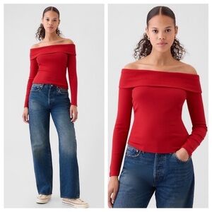 Gap‎ Top Womens Small Tall Red Off Shoulder Long Sleeve Knit Classic Feminine